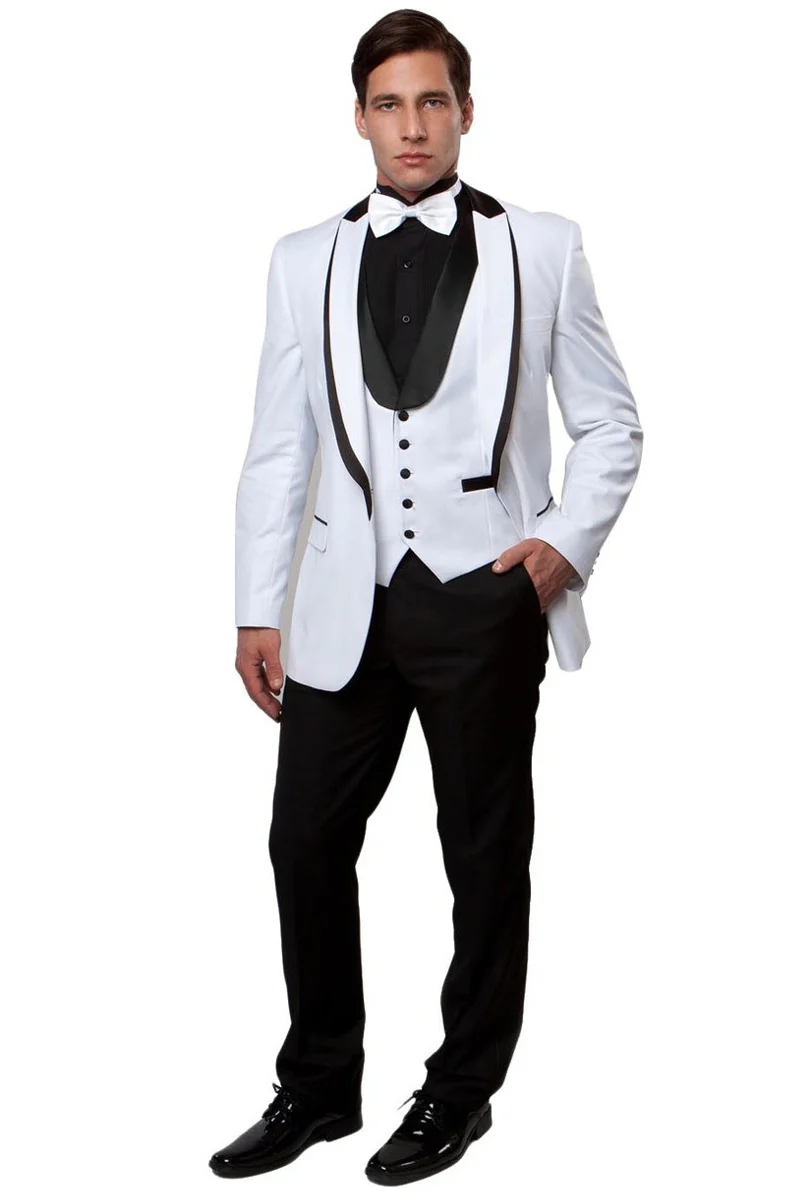 Men's One Button Satin Trimmed Peak Lapel Vested Fancy Tuxedo in White - Image 2