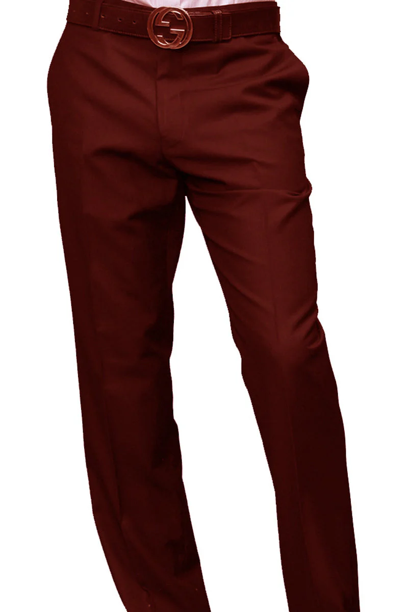 Men's 100% Wool Modern Fit Flat Front Dress Pant in Burgundy