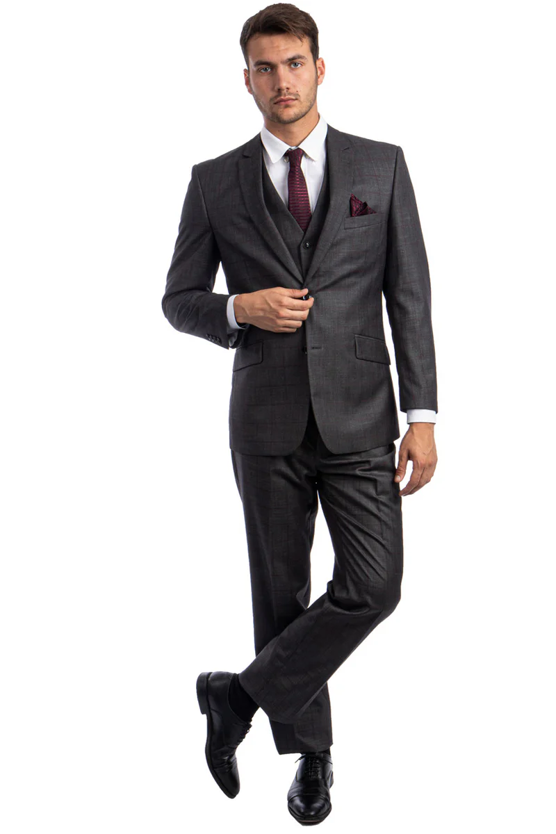 Men's 100% Wool Modern Fit Vested Suit in Charcoal Grey & Burgundy Windowpane Plaid - Image 2