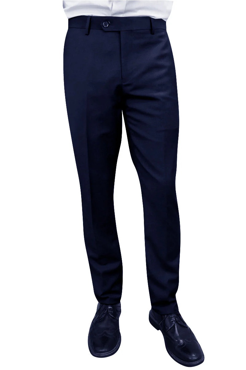 Men's 100% Wool Slim Fit Flat Front Dress Pant in Navy Blue