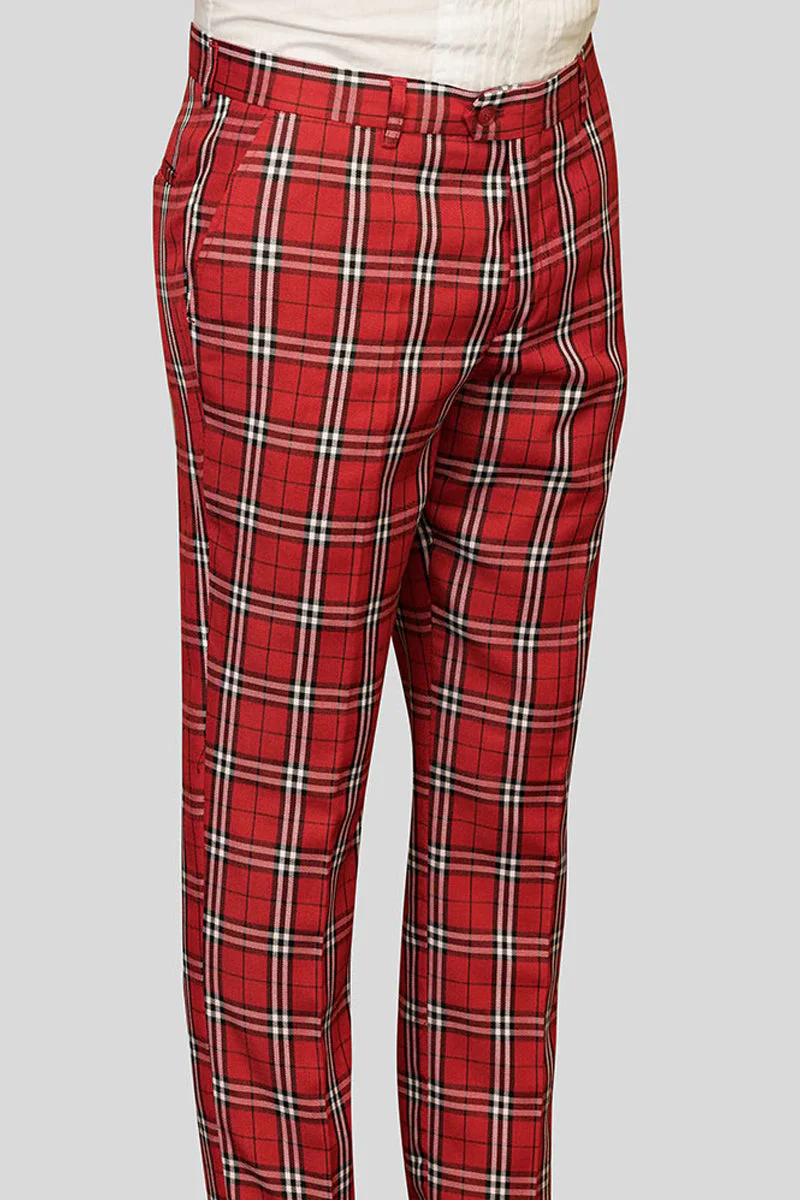 Men's 100% Wool Slim Fit Flat Front Dress Pant in Red Glen Plaid