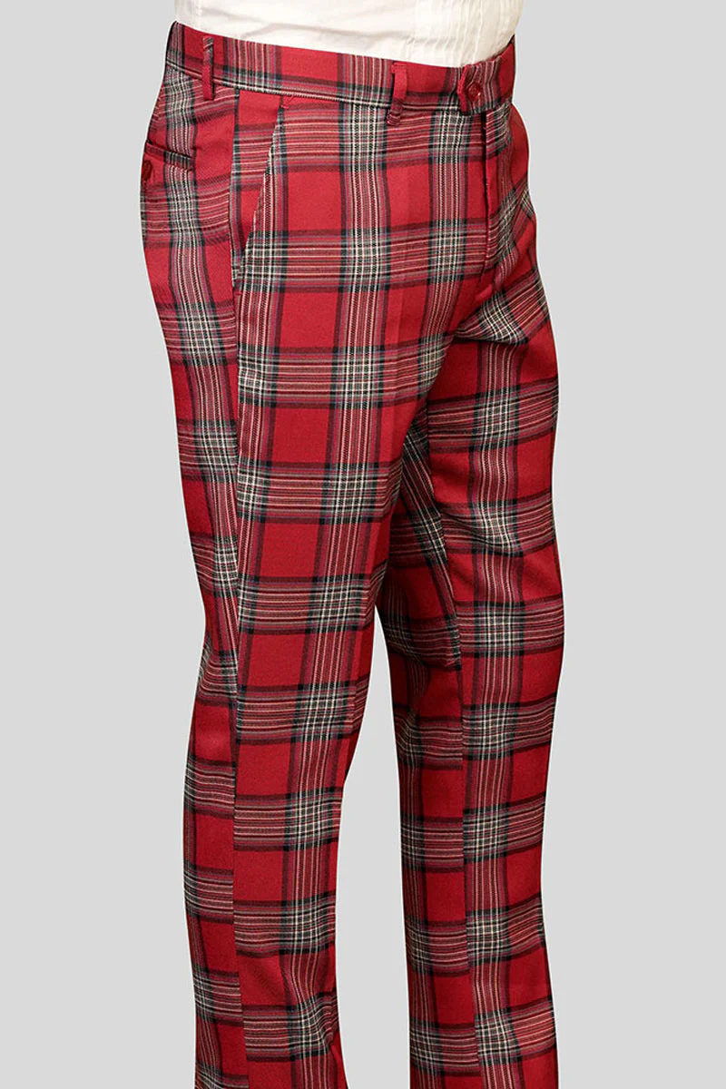 Men's 100% Wool Slim Fit Flat Front Dress Pant in Red Plaid