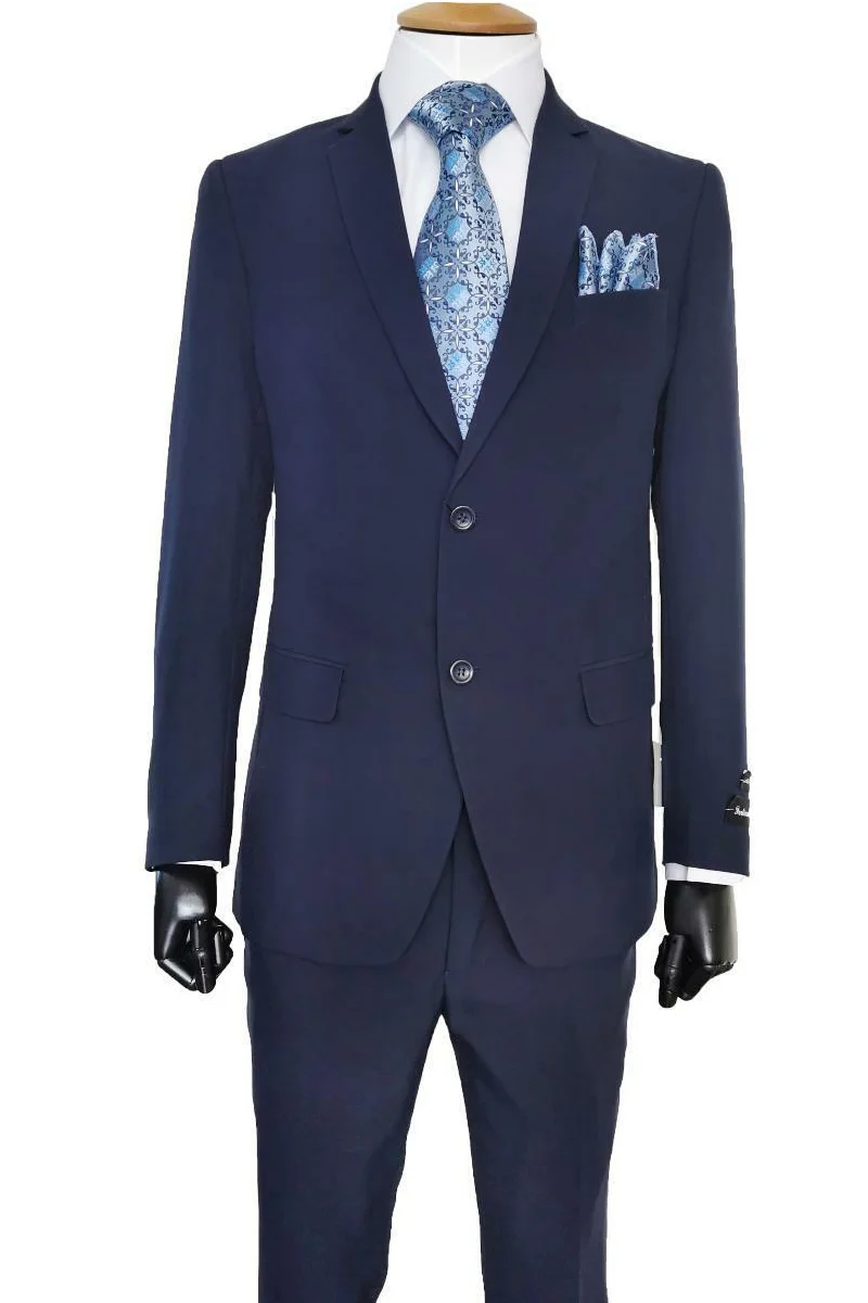 Mens 2 Button Classic Fit Basic Poplin Suit in Navy