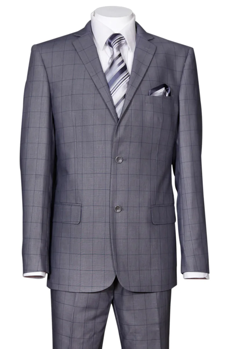Mens 2 Button Modern Fit Windowpane Plaid Suit in Grey