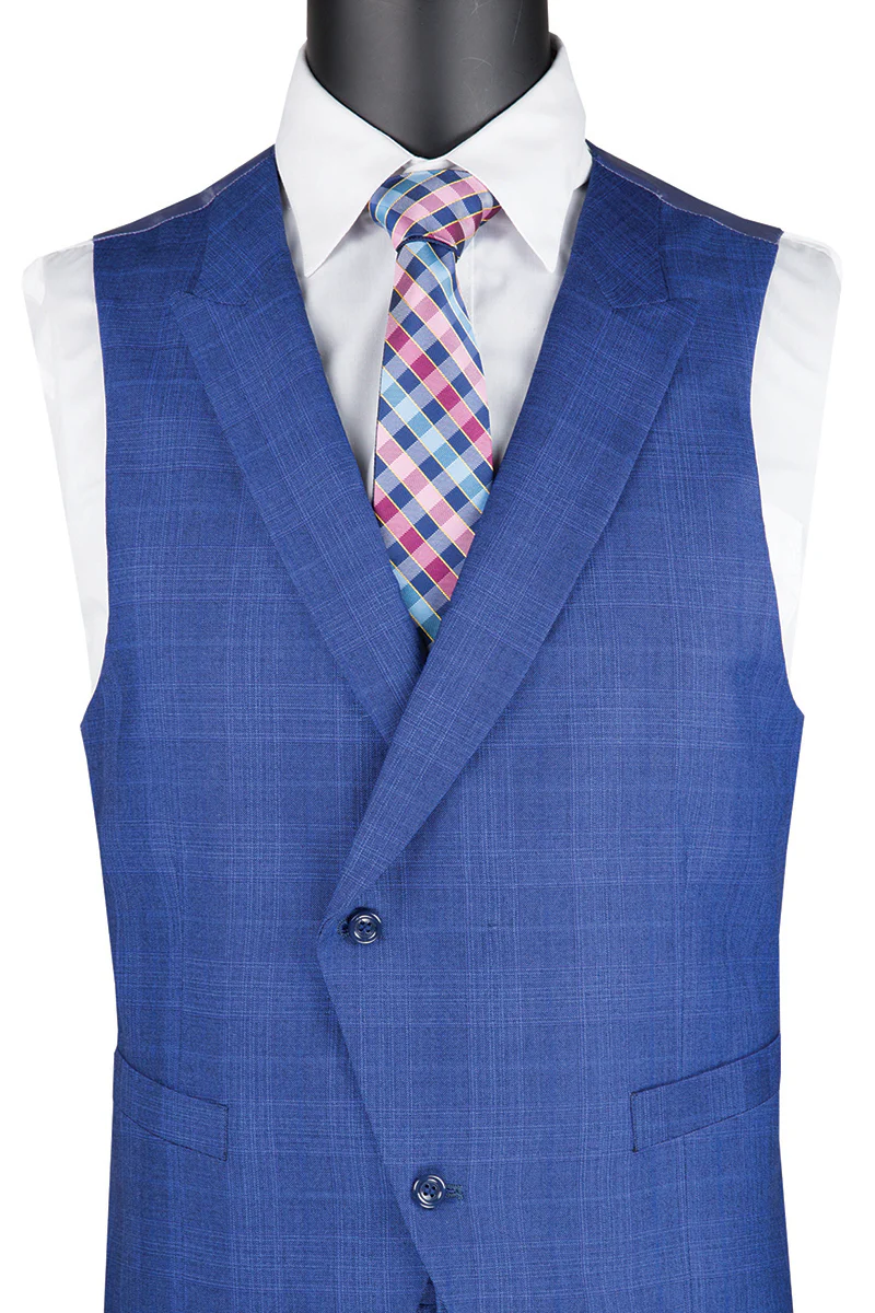 Mens 2 Button Peak Lapel Double Breasted Vest Plaid Windowpane Suit in Blue - Image 2