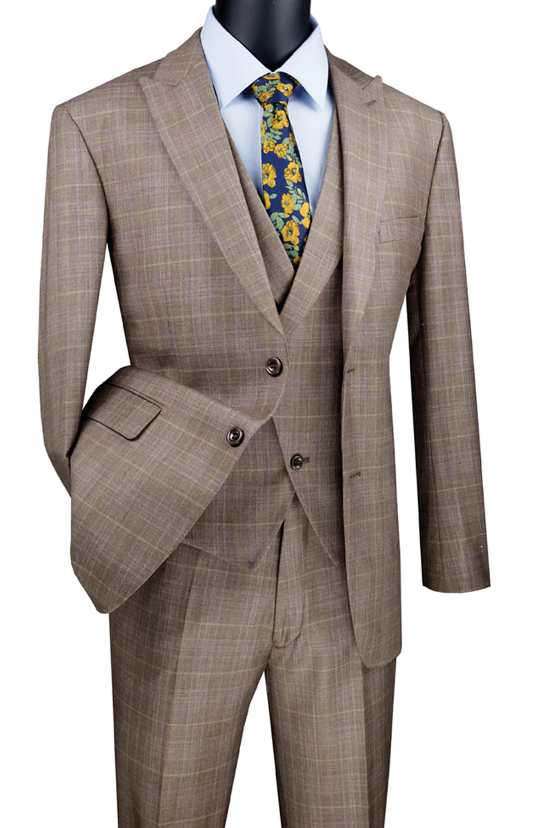 Mens 2 Button Peak Lapel Double Breasted Vest Plaid Windowpane Suit in Tan