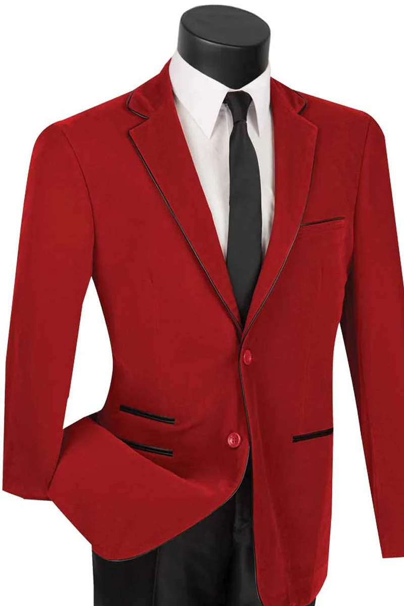 Men's 2 Button Velvet Blazer in Red with Black leather Piping Trim