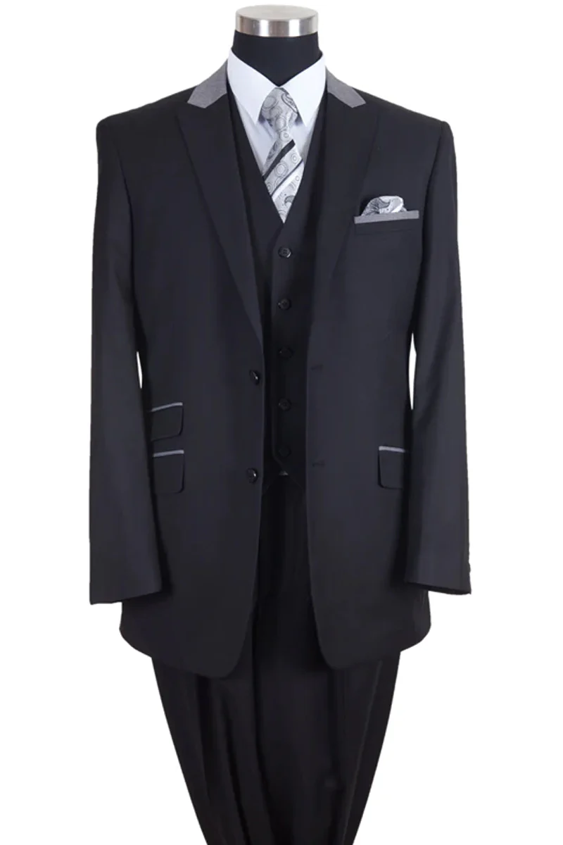 Mens 2 Button Vested Peak Lapel Contrast Collar Suit in Black and Grey