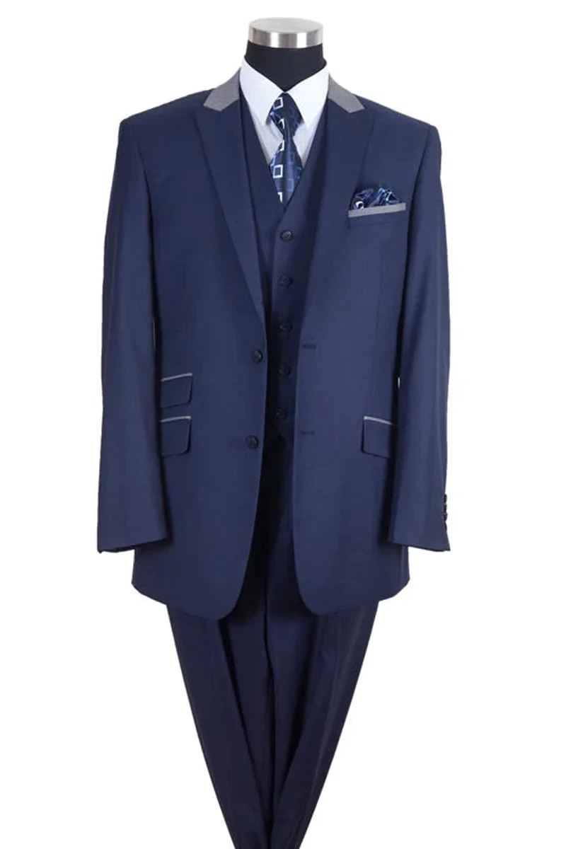 Mens 2 Button Vested Peak Lapel Contrast Collar Suit in Navy and Silver Grey
