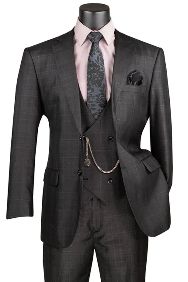 Men's 2 Button Vested Peak Lapel Plaid Windowpane Suit in Black