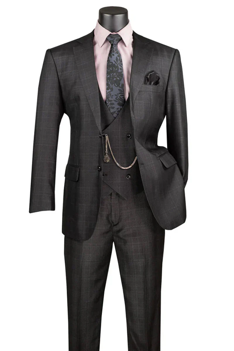 Men's 2 Button Vested Peak Lapel Plaid Windowpane Suit in Black - Image 2