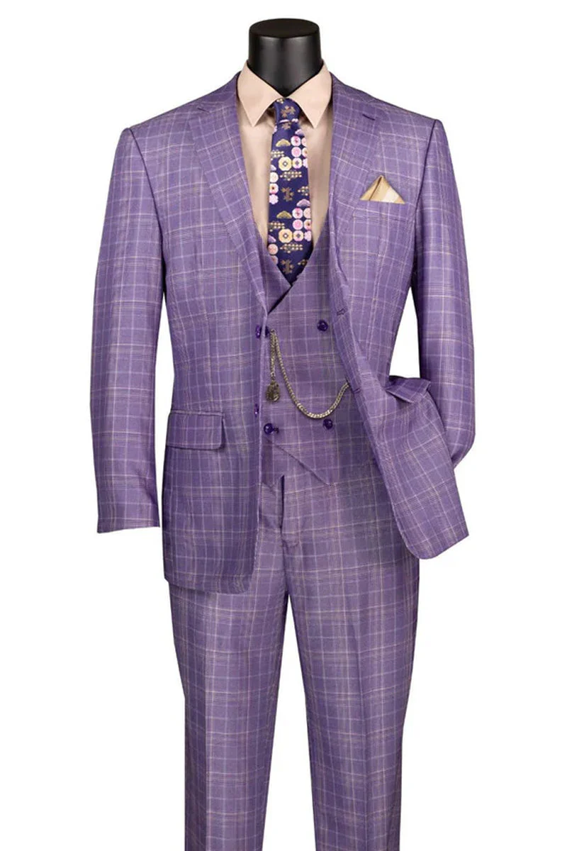 Men's 2 Button Vested Peak Lapel Plaid Windowpane Suit in Light Purple - Image 2
