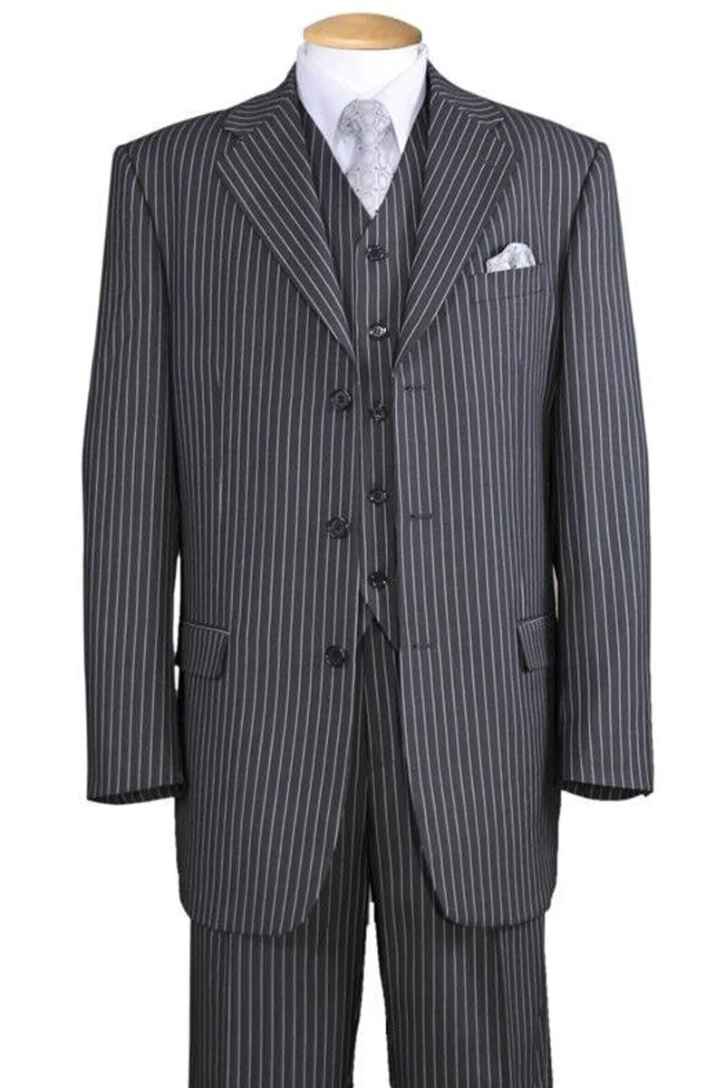 Mens 3 Button Bold 1920's Gangster Pinstripe Vested Suit in Grey