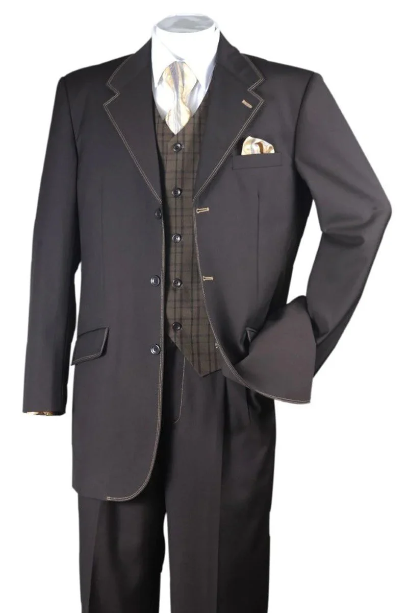 Mens 3 Button Fashion Semi Wide Leg Vested Suin in Brown with White Stitching
