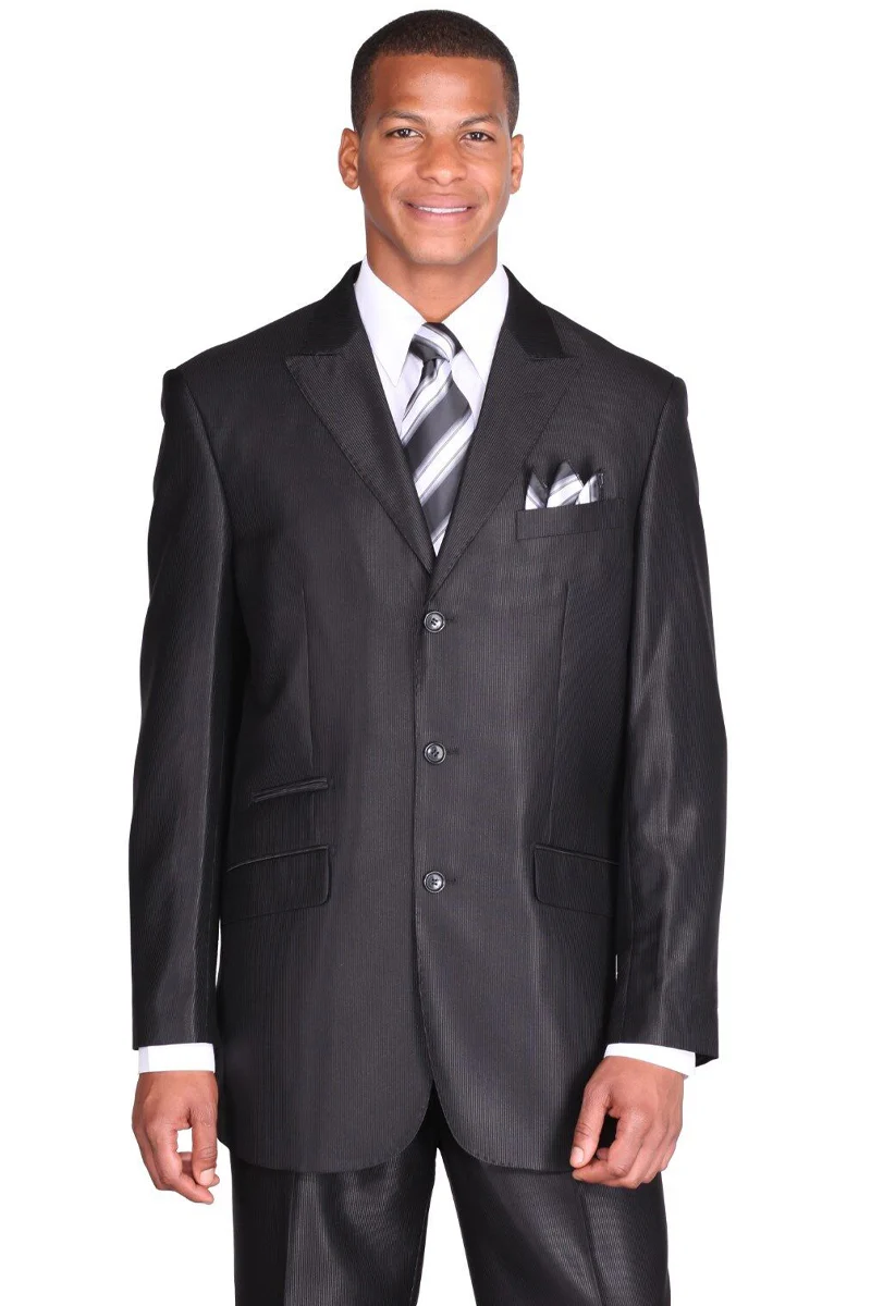 Mens 3 Button Peak Lapel Shiny Sharkskin Micro Pinstripe Suit in Black
