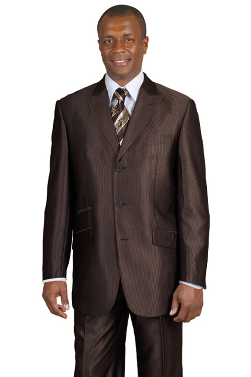 Mens 3 Button Peak Lapel Shiny Sharkskin Micro Pinstripe Suit in Brown