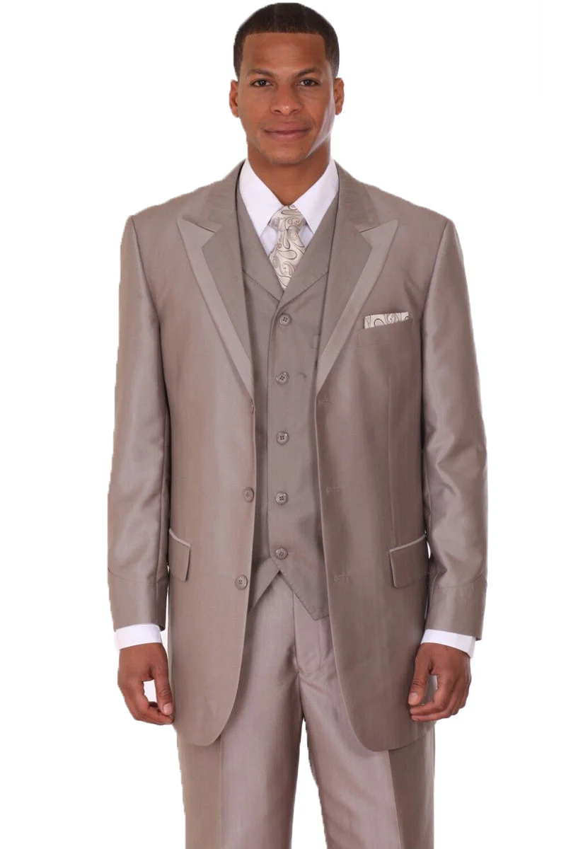 Mens 3 Button Vested Wide Peak Lapel Two Tone Sharkskin Suit in Tan | CLOSE OUT 56L