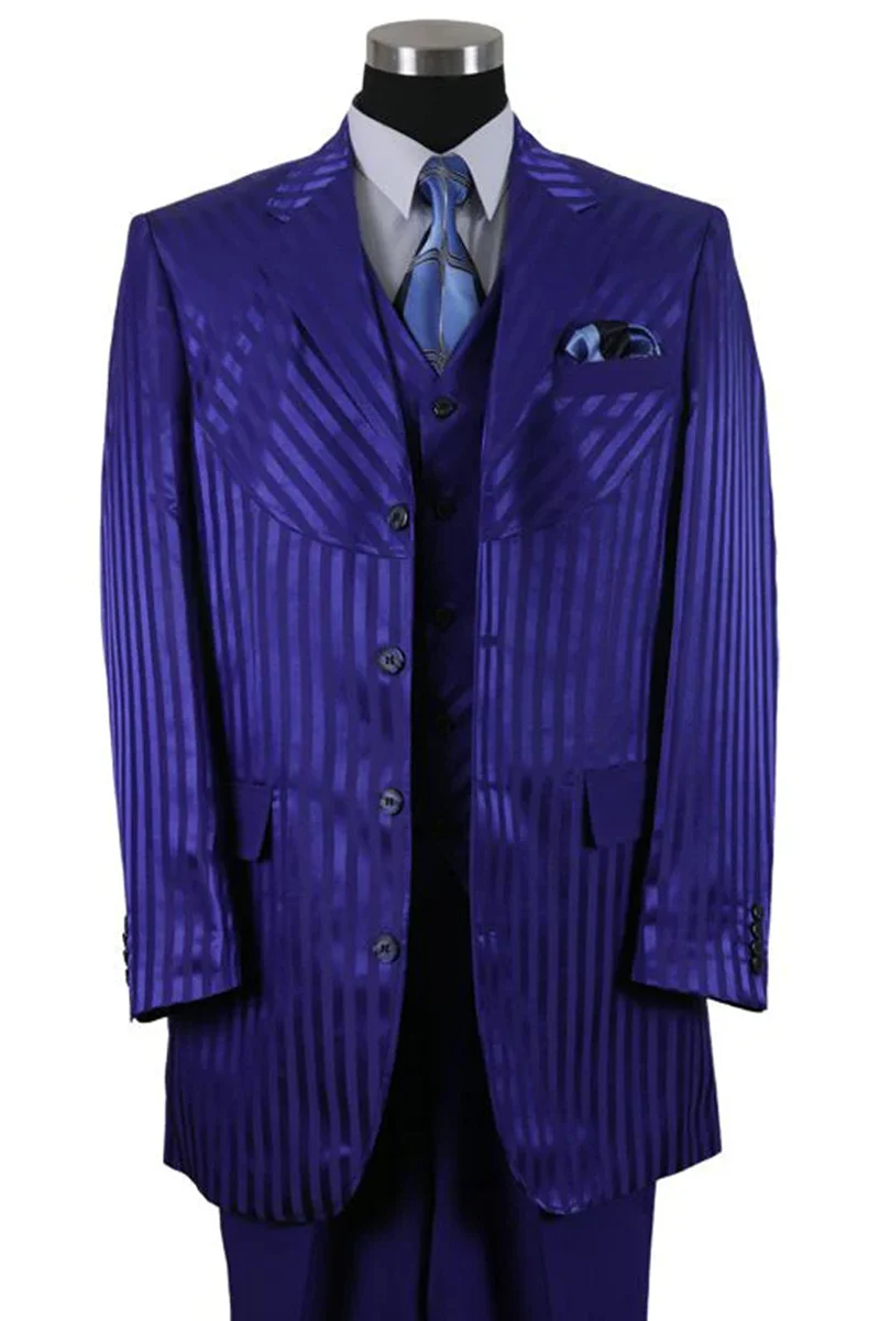 Mens 4 button Semi Wide Leg Shiny Tonal Stripe Fashion Suit in Navy Blue