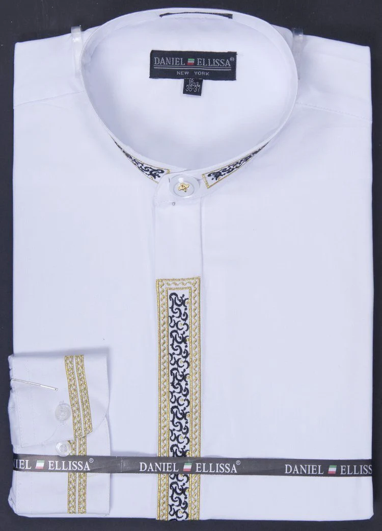 Men's Banded Collar Dress Shirt in White with Gold Embroidery