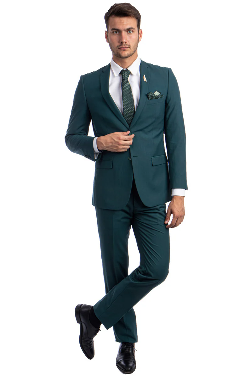 Men's Basic 2 Button Slim Fit Wedding Suit in Teal Green - Image 2