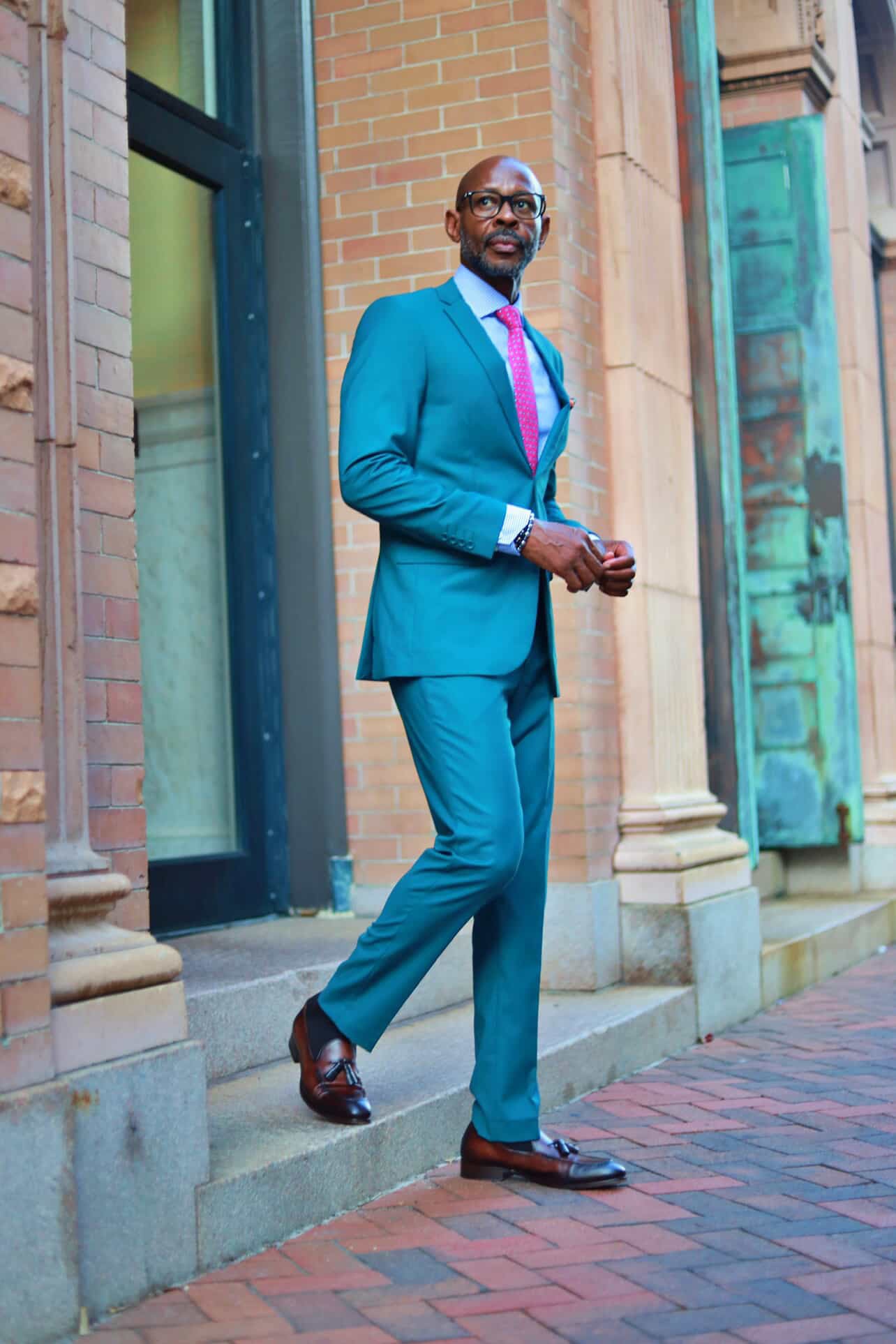 Men's Basic 2 Button Slim Fit Wedding Suit in Teal Green - Image 3