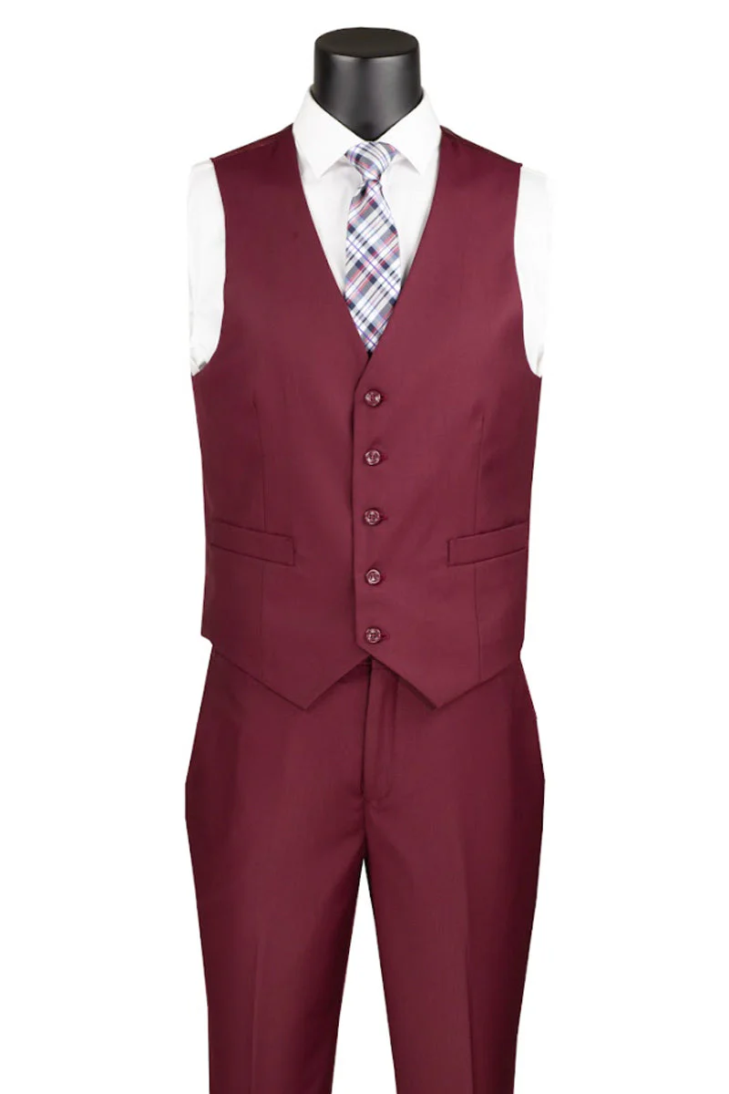 Men's Basic 2 Button Vested Slim Fit Suit in Burgundy - Image 2
