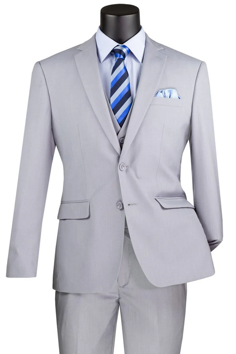 Men's Basic 2 Button Vested Slim Fit Suit in Light Grey