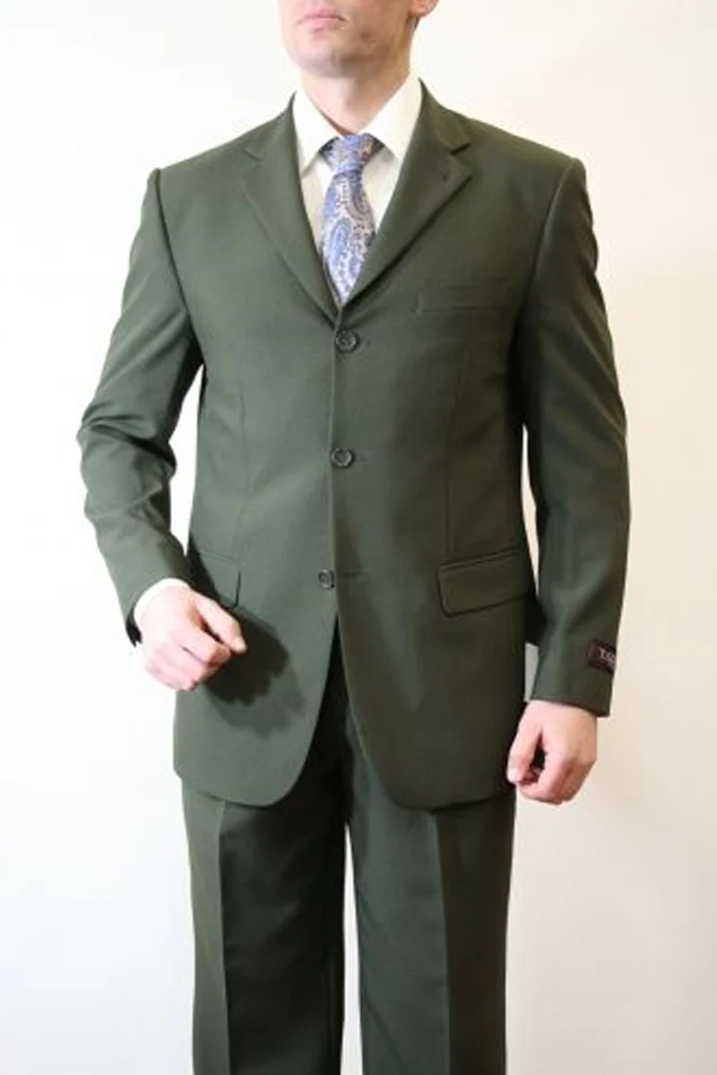 Men's Basic Three Button Poplin Suit in Olive
