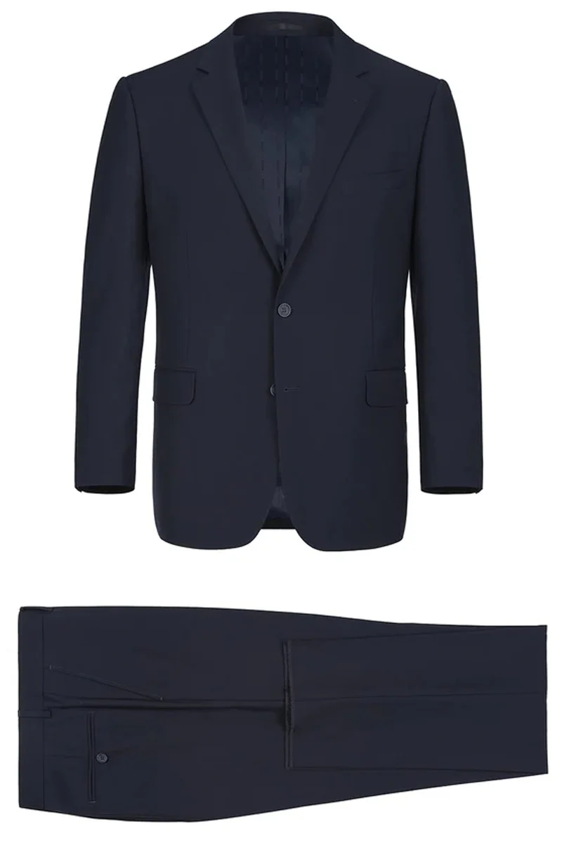 Mens Basic Two Button Classic Fit Suit with Optional Vest in Dark Navy Blue - Image 2