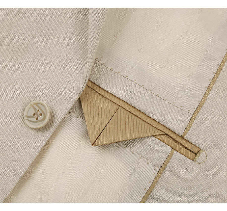 Mens Basic Two Button Classic Fit Suit with Optional Vest in Light Tan Beige - Image 4