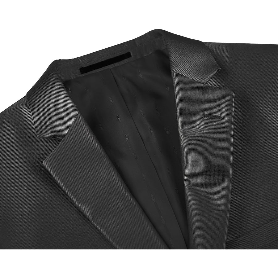 Mens Basic Two Button Classic Fit Suit with Optional Vest in Shiny Black Sharkskin - Image 3