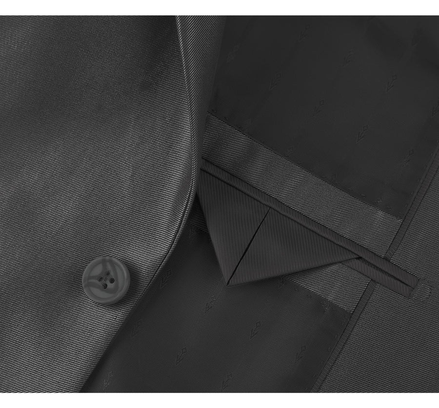 Mens Basic Two Button Classic Fit Suit with Optional Vest in Shiny Black Sharkskin - Image 4