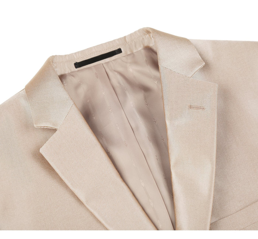 Mens Basic Two Button Classic Fit Suit with Optional Vest in Shiny Champagne Tan Sharkskin - Image 3