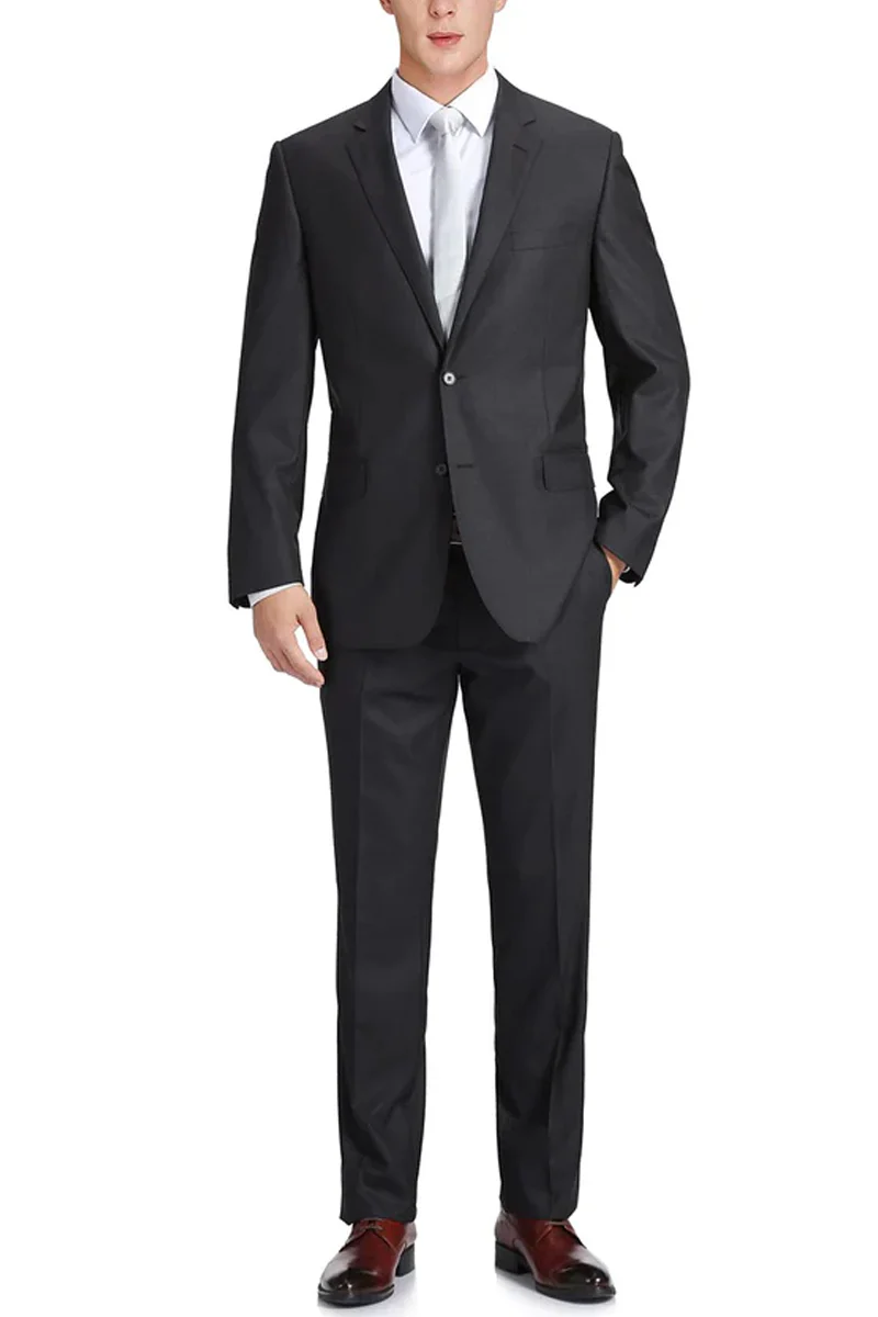 Mens Basic Two Button Classic Fit Wool Suit with Optional Vest in Charcoal Grey - Image 2
