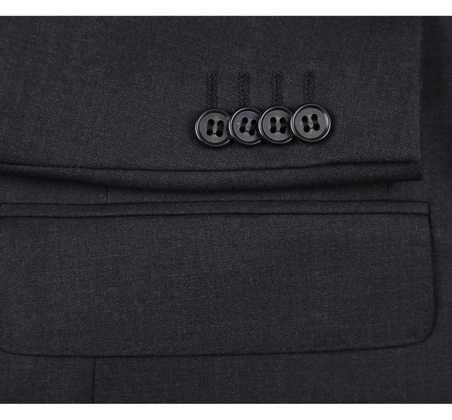 Mens Basic Two Button Classic Fit Wool Suit with Optional Vest in Charcoal Grey - Image 4