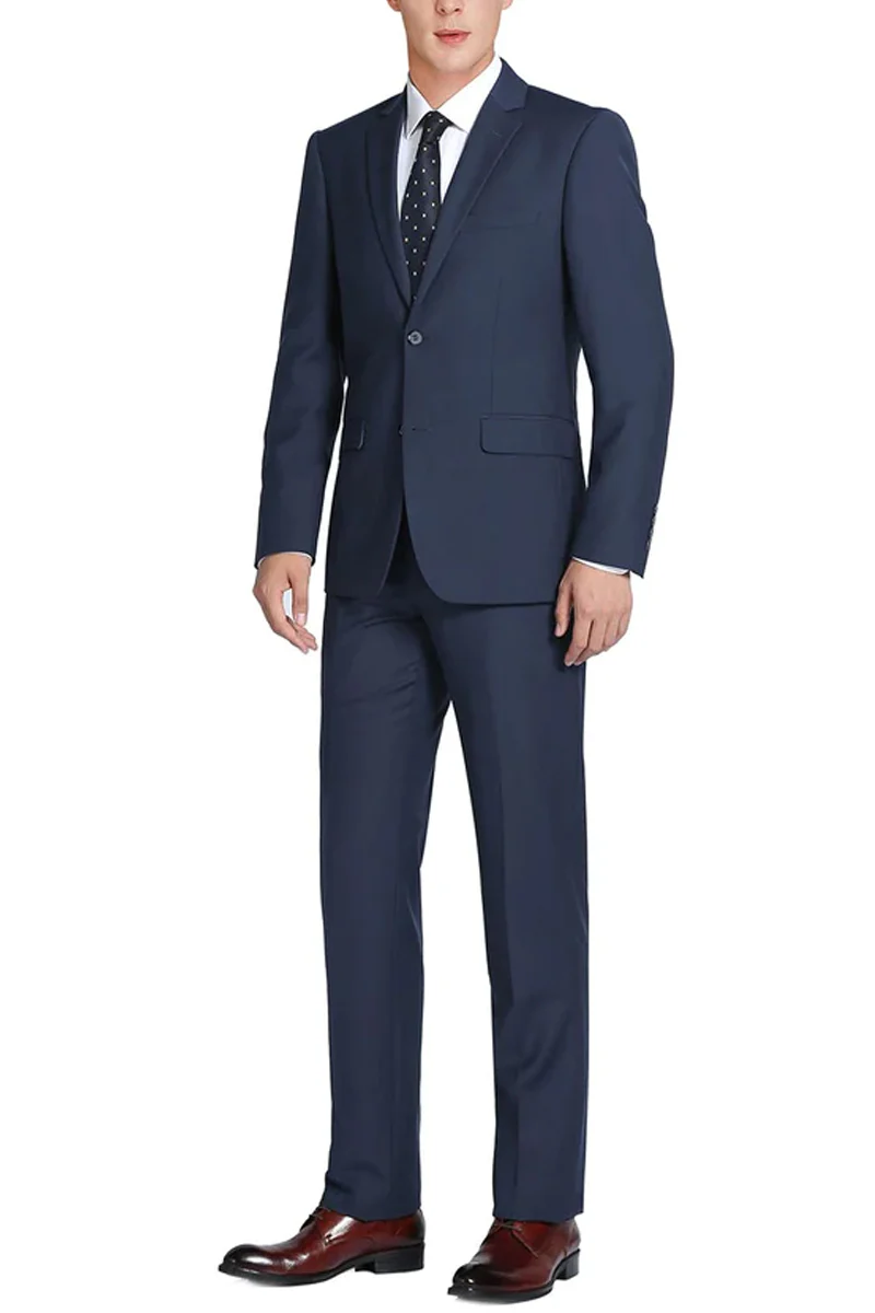 Mens Basic Two Button Classic Fit Wool Suit with Optional Vest in Indigo Blue - Image 2