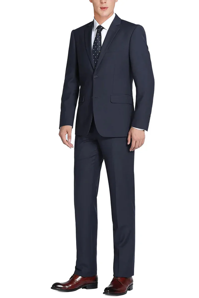Mens Basic Two Button Classic Fit Wool Suit with Optional Vest in Navy Blue - Image 2