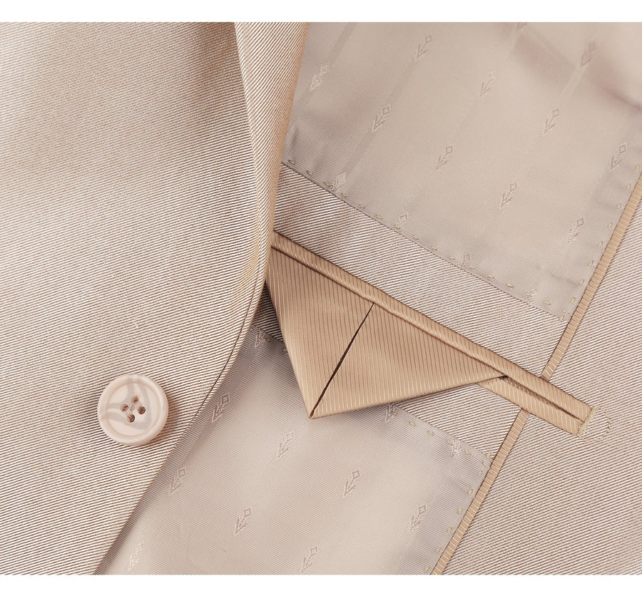 Mens Basic Two Button Slim Fit Suit with Optional Vest in Shiny Champagne Tan Sharkskin - Image 4