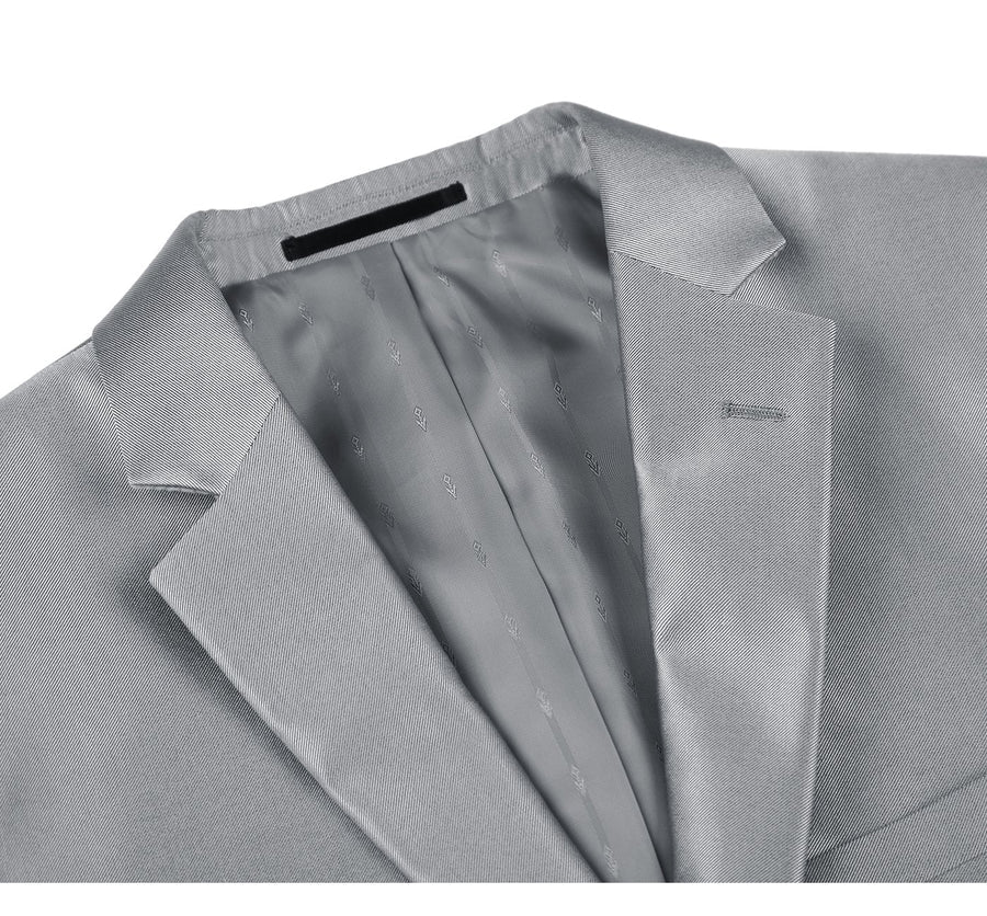 Mens Basic Two Button Slim Fit Suit with Optional Vest in Shiny Silver Grey Sharkskin - Image 3