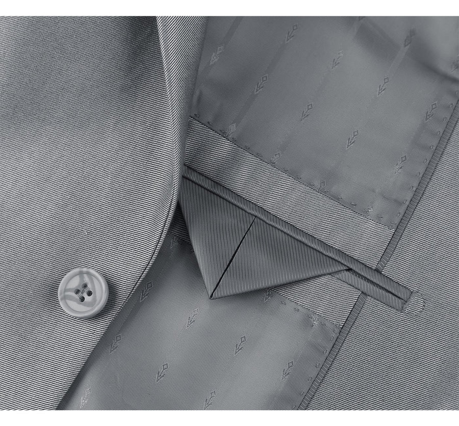 Mens Basic Two Button Slim Fit Suit with Optional Vest in Shiny Silver Grey Sharkskin - Image 4