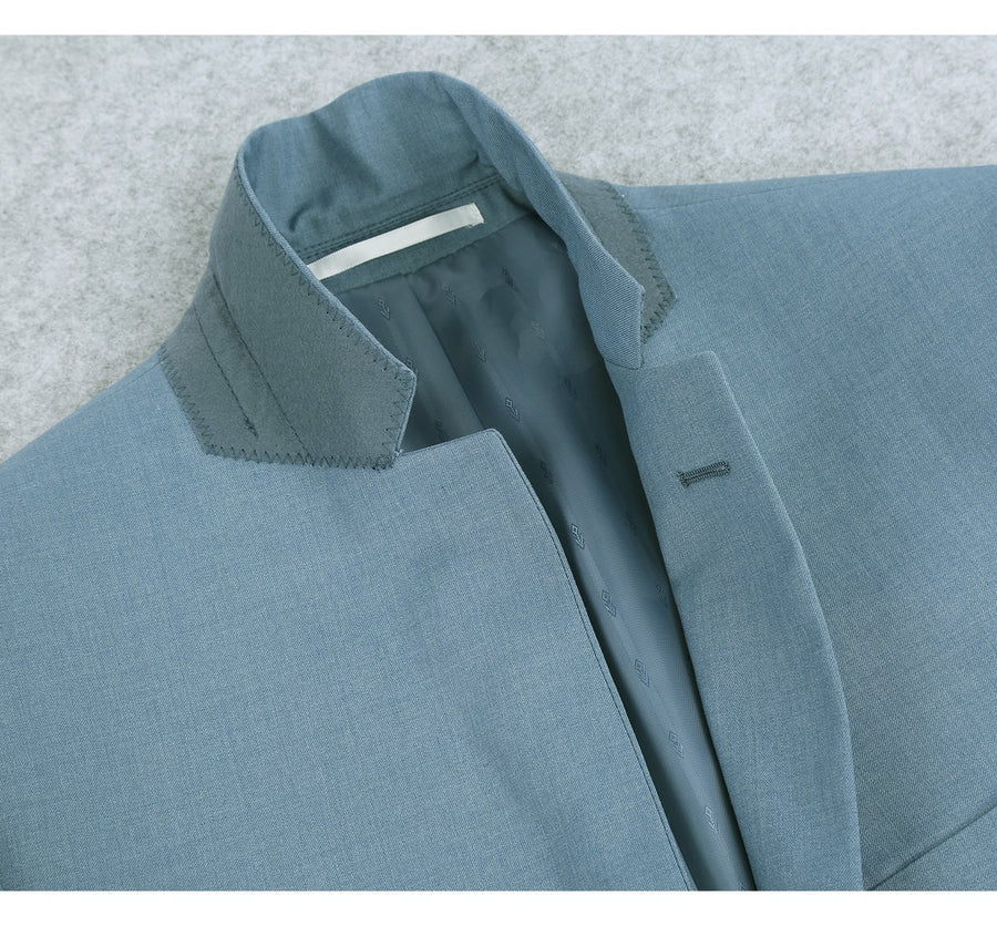 Mens Basic Two Button Slim Fit Suit with Optional Vest in Sky Blue - Image 3