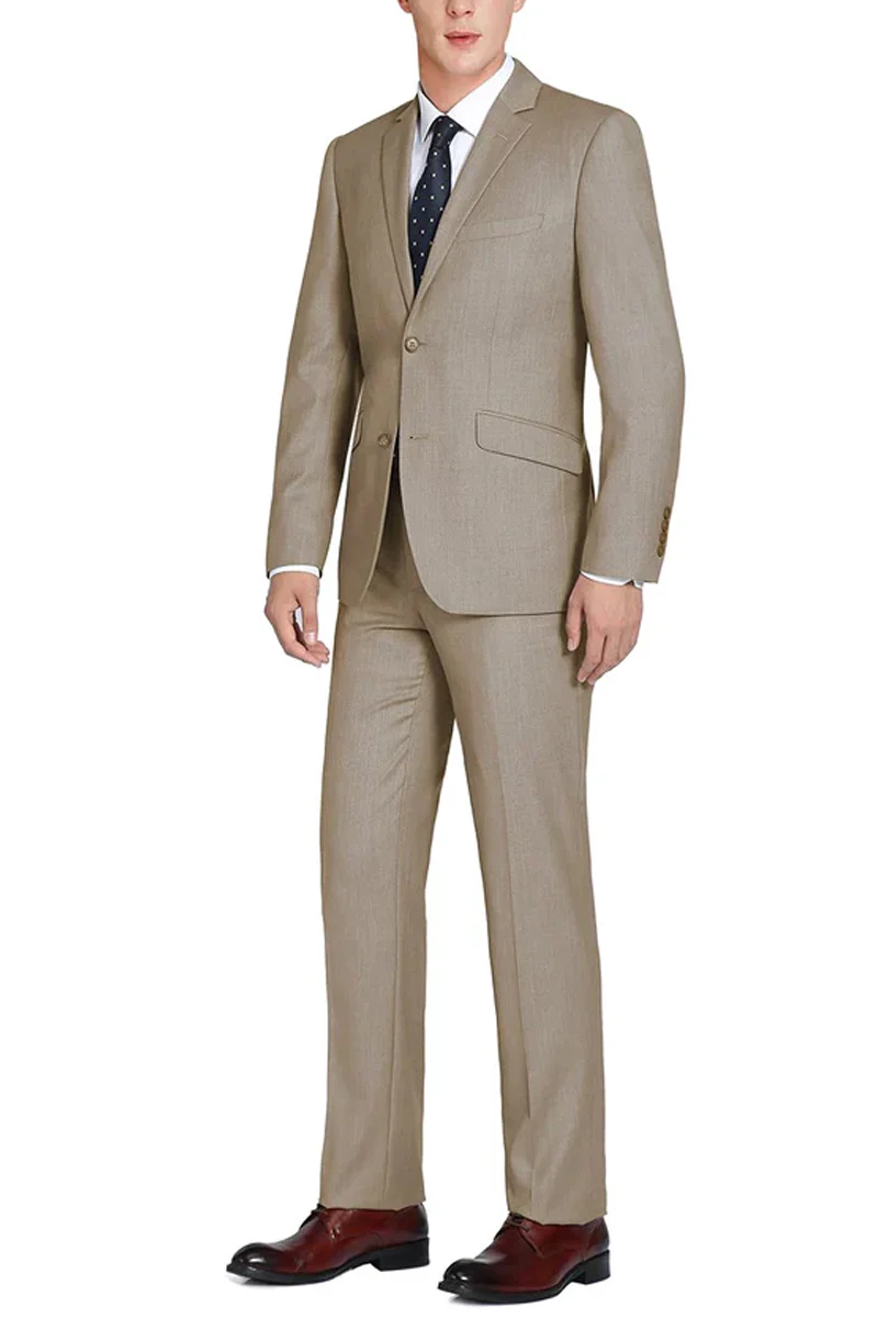 Mens Basic Two Button Slim Fit Suit with Optional Vest in Taupe