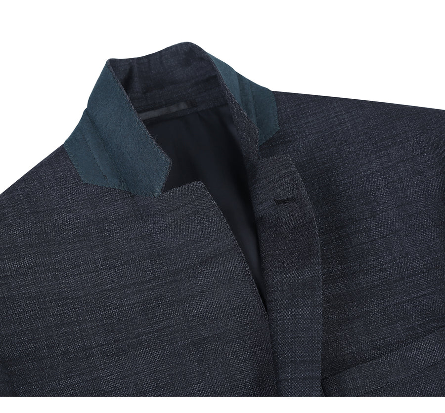 Mens Basic Two Button Slim Fit Wool Suit in Charcoal Grey Weave - Image 3