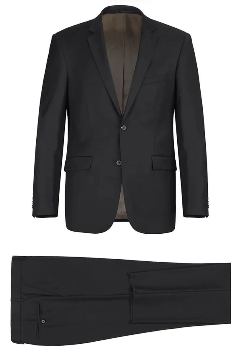 Mens Basic Two Button Slim Fit Wool Suit with Optional Vest in Black - Image 2