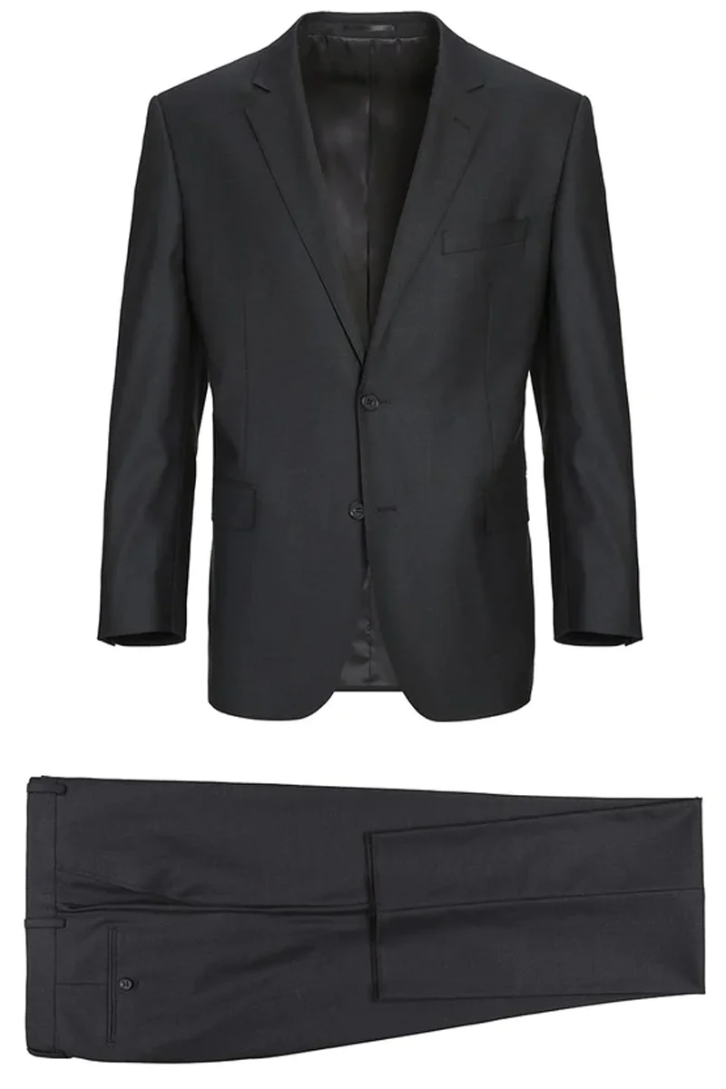 Mens Basic Two Button Slim Fit Wool Suit with Optional Vest in Charcoal Grey - Image 2