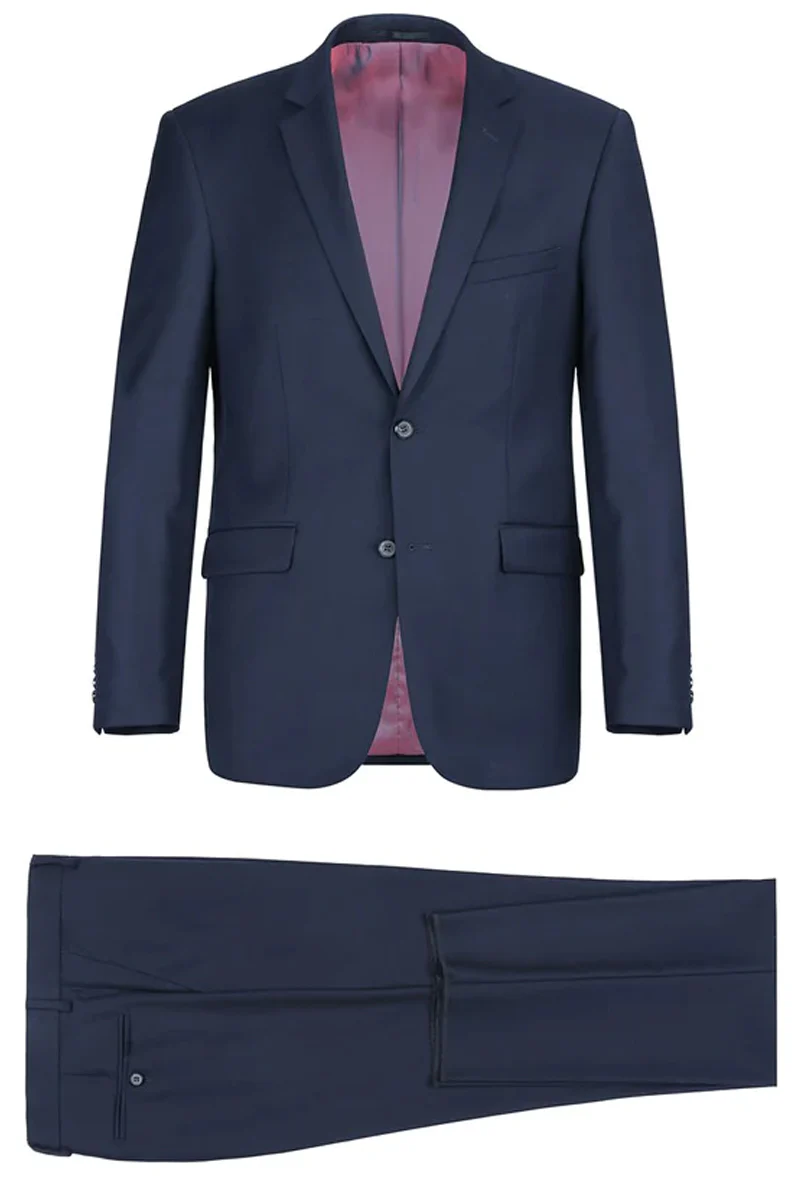 Mens Basic Two Button Slim Fit Wool Suit with Optional Vest in Indigo Blue - Image 2
