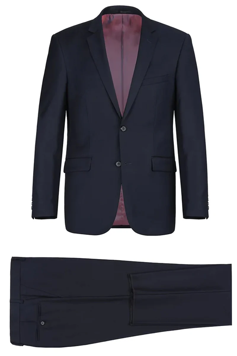 Mens Basic Two Button Slim Fit Wool Suit with Optional Vest in Navy Blue - Image 2