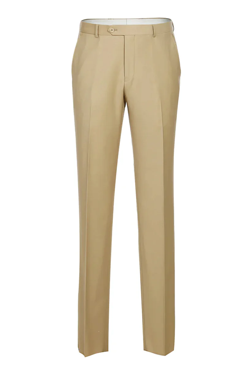 Mens Basic Two Button Slim Fit Wool Suit with Optional Vest in Tan - Image 2