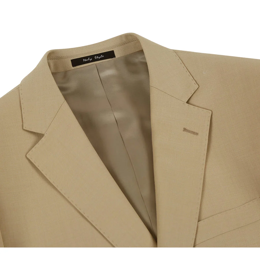 Mens Basic Two Button Slim Fit Wool Suit with Optional Vest in Tan - Image 3