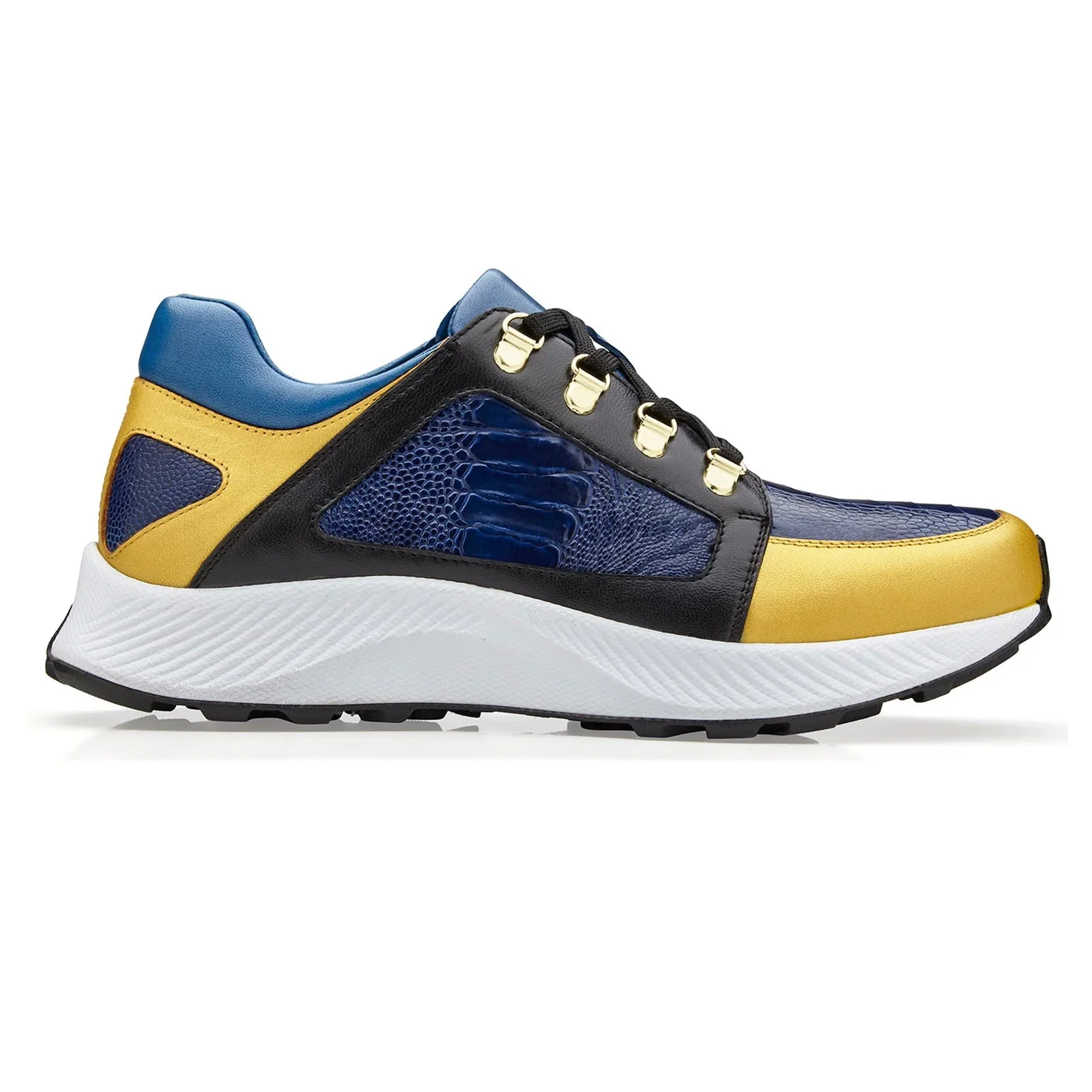 Men's Belvedere Adam Ostrich & Italian Calfskin Sneaker in Gold, Blue & Black
